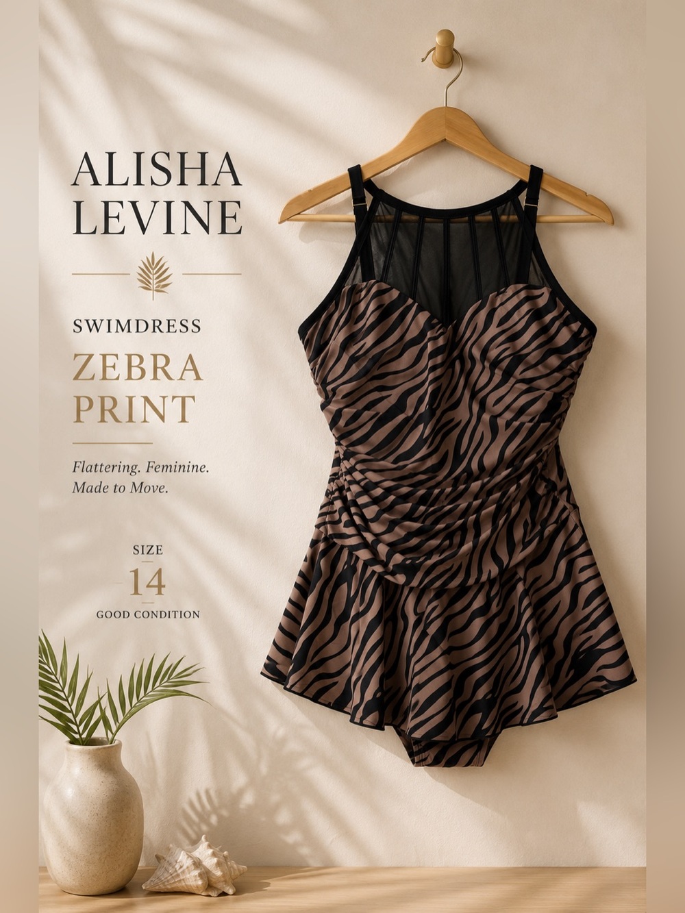 Alisha Levine Zebra Print Ruched Swimdress One Piece Swimsuit Size 14